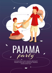 Invitation design for Pajama party with boys playing a fight with pillows. Vector illustration for flyer, poster, banner, invitation, brochure. 