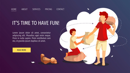 Web page design for Friendship, Fun, Childhood, Pajama party. Children playing a fight with pillows. Vector illustration for poster, banner and website development.