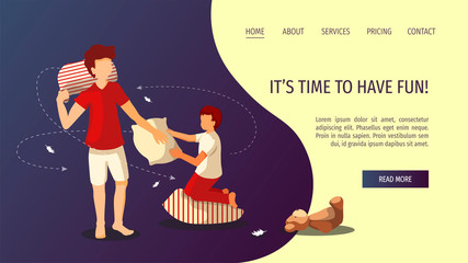 Landing page design for Fun, Friendship, Childhood, Pajama party. Children playing a fight with pillows. Vector illustration for poster, banner and website development.