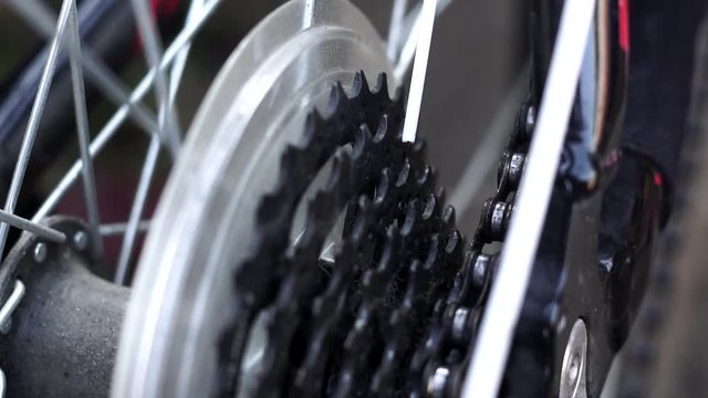 masters, lubricate the bicycle chain of a mountain bike with a special lubricant in the home workshop. Cleaning and lubricating the bicycle chain and gearbox with oil spray close up selective focus