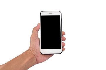 Hand holding Mobile phone or Cell phone on white background Smart phone technology clipping path