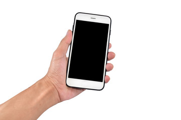 Hand holding Mobile phone or Cell phone on white background Smart phone technology clipping path