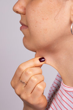 Woman Pinching Neck Skin, Double Chin Close Up Side View