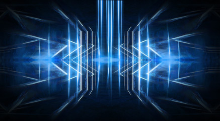 Abstract light tunnel, blue background, stage, portal with rays, neon blue light and spotlights. Dark empty scene with cold neon. Symmetric reflection, perspective. 3D rendering.