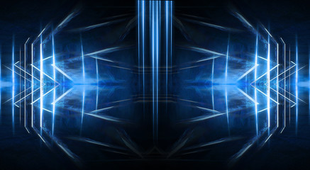 Naklejka premium Abstract light tunnel, blue background, stage, portal with rays, neon blue light and spotlights. Dark empty scene with cold neon. Symmetric reflection, perspective. 3D rendering.