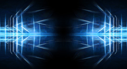 Abstract light tunnel, blue background, stage, portal with rays, neon blue light and spotlights. Dark empty scene with cold neon. Symmetric reflection, perspective. 3D rendering.