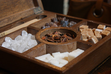 Set of sugar in the wooden box 
