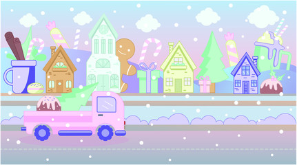 Flat vector illustration of a candy land. On the street are sweets, muffins, lollipops. Christmas city in the snow. On the road goes a red tractor with a Christmas tree and gifts. Candy color.