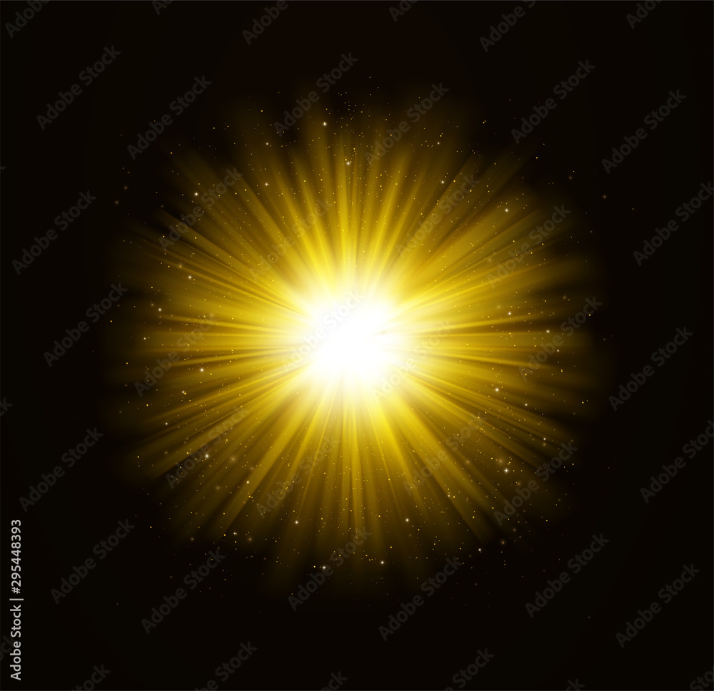 Wall mural golden bright shining light effect with stars. rays of light with sparkles on dark background.