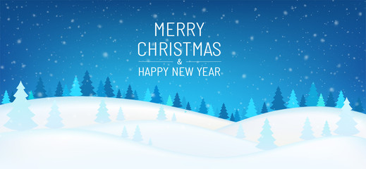 Winter snowy night, mountains with coniferous forest and falling snow. Holiday winter landscape, poster, banner, Merry Christmas and New Year. © Ramcreative