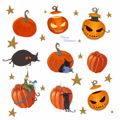 Happy halloween.  Cute Halloween white background with big icons pumpkin, stars, black cat and fairy