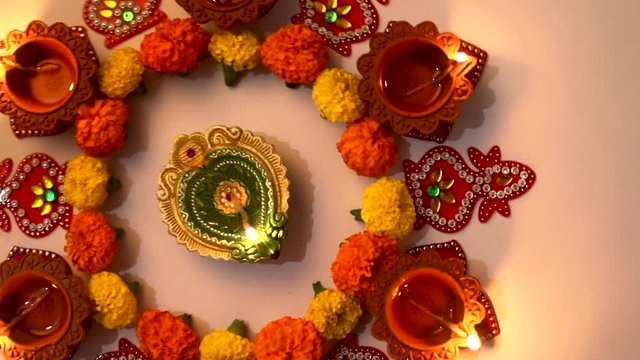 Indian Festival Diwali , Diwali lamp and flower rangoli 