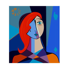 Colorful abstract background, cubism art style,portrait of girl with red hair