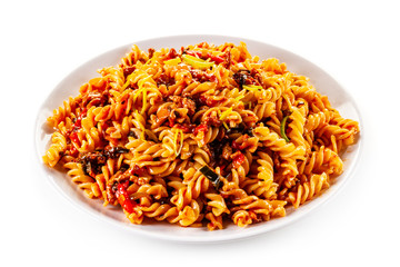 Fusilli with meat, tomato sauce and vegetables