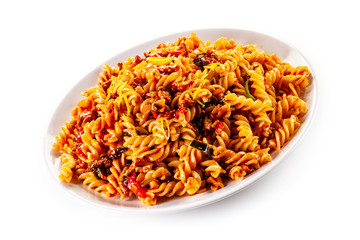 Fusilli with meat, tomato sauce and vegetables