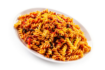 Fusilli with meat, tomato sauce and vegetables