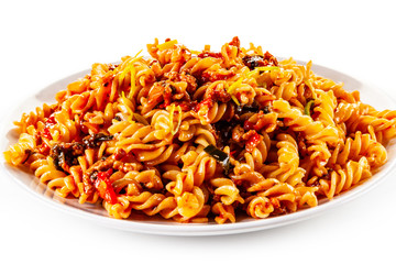 Fusilli with meat, tomato sauce and vegetables