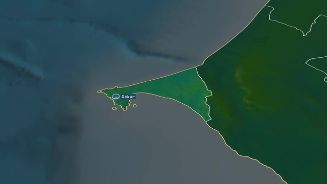 Dakar - region of Senegal with its capital zoomed on the physical map of the globe. Animation 3D