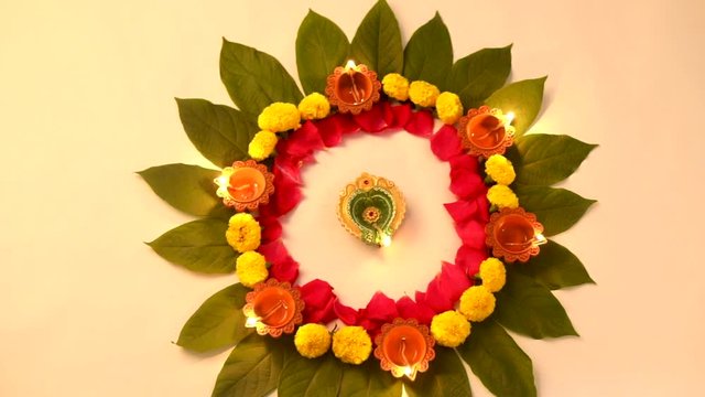 Indian Festival Diwali , Diwali lamp and flower rangoli 