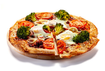 Vegetarian pizza with eggs, broccoli and onion
