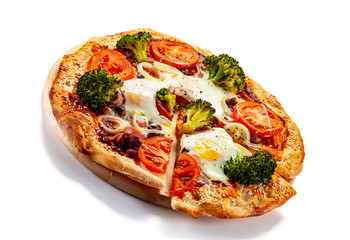 Vegetarian pizza with eggs, broccoli and onion