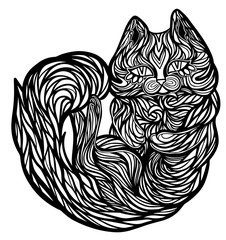 Outline vector drawing isolated on white. Beautiful fluffy cat. Pet animals in doodles style. Hand drawn coloring page for kids and adults.