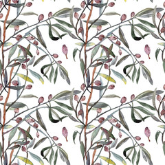 Elaeagnus commutata - silverberry or wolf-willow, seamless pattern watercolor. Twig ,leaves , berries and drupes. Perfect for textile, print, fashion, dress, silk, certification