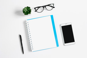 Notebook, pen, glasses, plants succulents on a white background, flat lay, top view, copy space. Office table desk, workplace