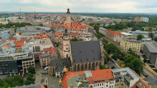 Aerial View of Old Town in Leipzig, Germany, Europe. Scenic Cityscape and Skyline from above (bird's-eye view). 4K Background Drone Push in Shot