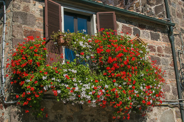 Splendido balcone fiorito con geranei