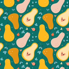 Hand drawn seamless vector pattern with cute colorful pears, whole and cut. Endless background with fruit for graphic print, textile fabric or wrapping paper. Decorative doodle wallpaper.