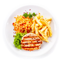 Grilled steak with french fries on white background