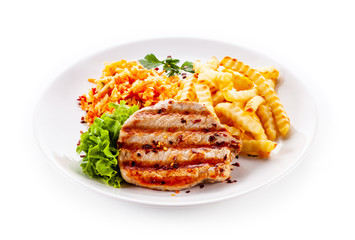 Grilled steak with french fries on white background