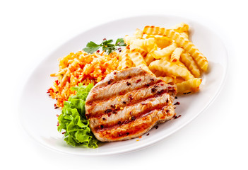 Grilled steak with french fries on white background
