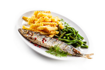 Fish dish - roasted trout with french fries and green bean