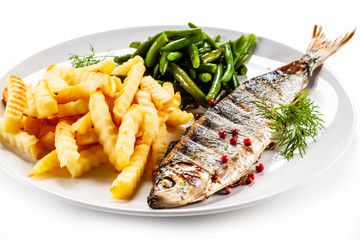 Fish dish - roasted trout with french fries and green bean