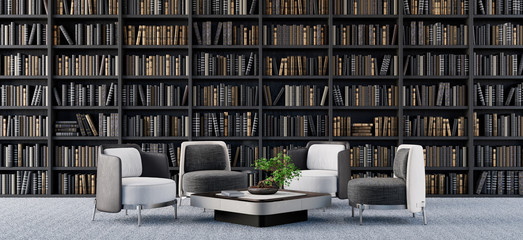 Living room interior design with library 3D Render 3D illustration