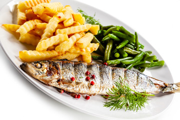 Fish dish - roasted trout with french fries and green bean
