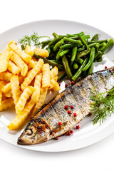 Fish dish - roasted trout with french fries and green bean