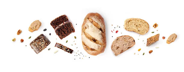 Fotobehang Creatieve lay-out gemaakt van brood op witte achtergrond. Plat leggen. Voedselconcept. © StudioDFlorez