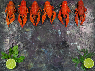 Boiled and cooked crayfish  on black background,with lemon and dill