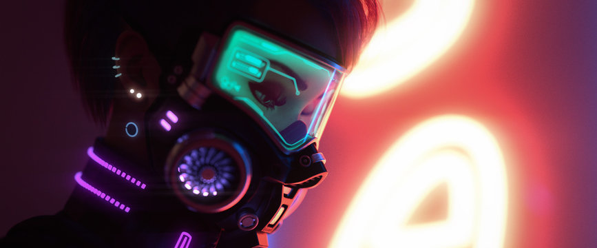 Illustrazione Stock 3d illustration of a cyberpunk girl in futuristic gas  mask with green glasses in stylish jacket with purple el wire standing near  yellow neon light sign on night street with