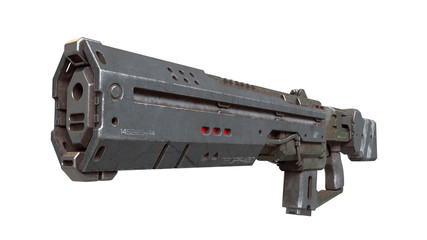 3d illustration of sci-fi futuristic weapon isolated on white background. Science fiction military laser gun. Concept design of high-tech assault rifle green gray color scratched metal. Close-up view © roman3d