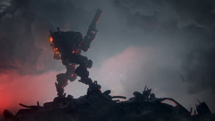 3d illustration of an action scene of a sci-fi mech standing on the ruins of the city in an attacking pose with an assault gun in one hand against storm clouds. Apocalypse concept. Storm trooper robot - obrazy, fototapety, plakaty