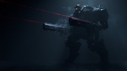 3d illustration of night action scene of sci-fi mech standing in the fog in attacking pose with two assault guns with laser sight on dark background. Military storm trooper robot with tank metal armor - obrazy, fototapety, plakaty
