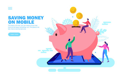 people saving money in piggy bank on smartphone