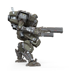 3d illustration of sci-fi mech soldier standing with assault gun in one hand isolated on white background. Concept art of military storm trooper robot green gray color scratched metal armor. Side view - obrazy, fototapety, plakaty