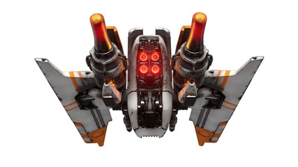 3d illustration of old scratched metal single pilot spaceship isolated on white background. Sci-fi white orange vehicle for space wars. Assault fighter, gunship. Bottom view of a ship on turbines. © roman3d