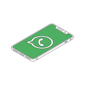 whatsapp logo on iphone X display isometric outline vector illustration
