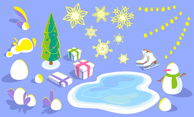 Obraz na płótnie Canvas Set of xmas elements for concept design, illustrations, in isometric view. winter holiday objects in flat, christmas tree, snowflakes, snowdrifts, ice rink, skates, snowman, gift boxes, garlands.